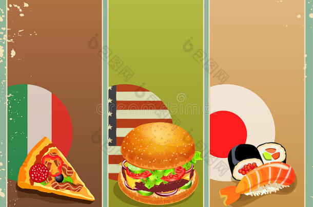 复古风格的汉堡、披萨、寿司海报。菜单。