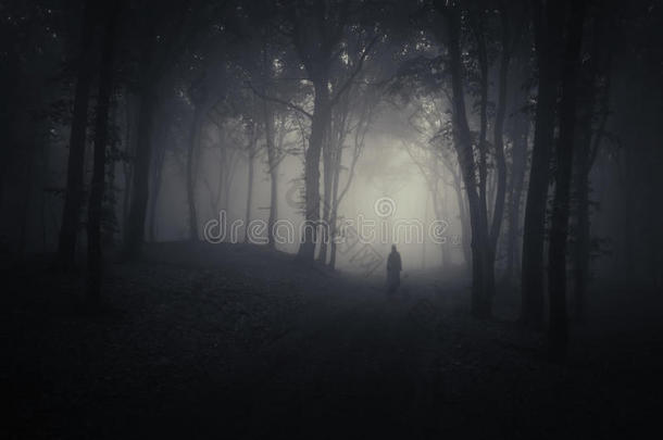 万圣节鬼魂在黑暗阴森的森林里