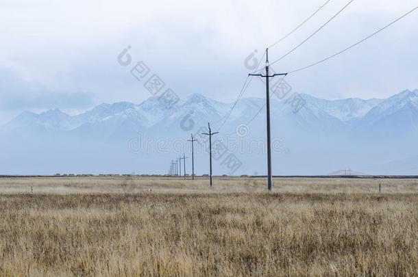 横跨上藏区平原的电线和电线柱