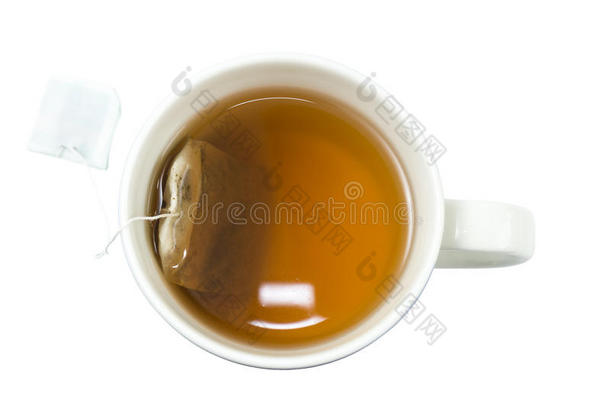 从上面看一杯<strong>茶</strong>和<strong>茶</strong>包的特写镜头