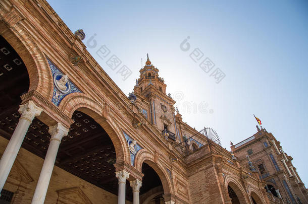 著名的西班牙广场-西班牙塞维利亚广场，安达卢西亚，西班牙。老地标