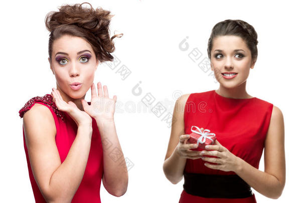 两个穿着红裙子的年轻的惊讶的女人