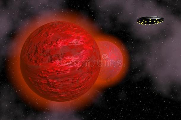 太空船和红色星球-三维渲染