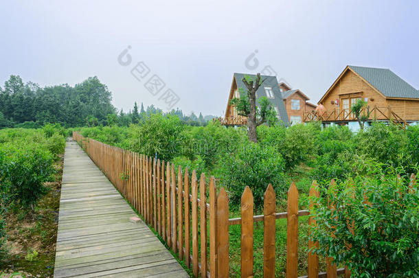 围栏果园中欧式小屋外的铺板人行道