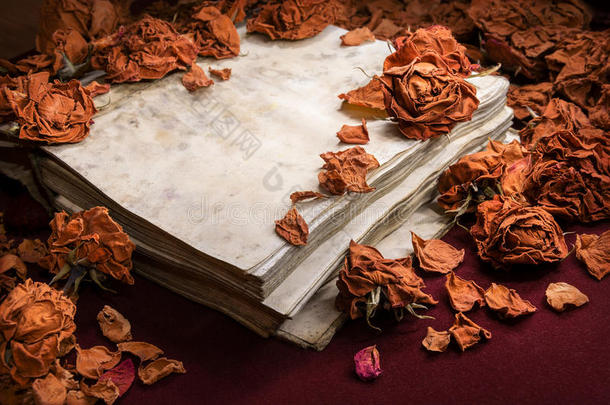 复古风格的背景。干玫瑰散落在旧书上