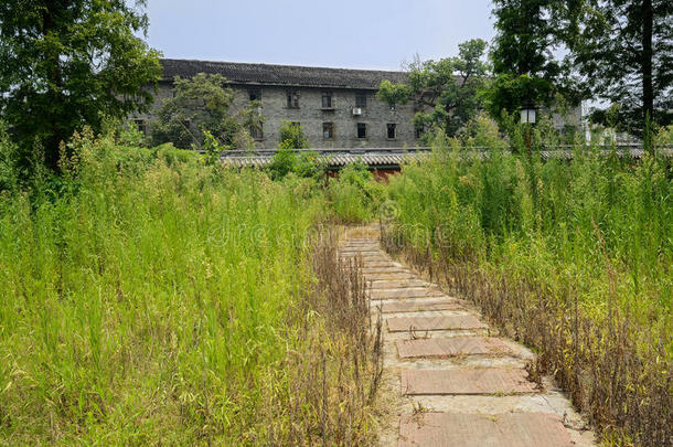 中国灰砖建筑前杂草中的石板路