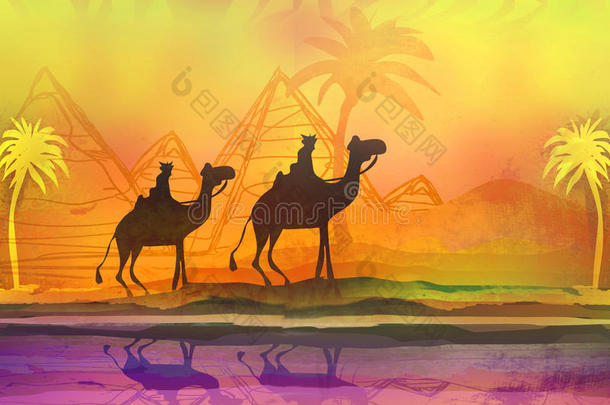 穿越撒哈拉沙漠的彩色天空衬托出骆驼列车的轮廓