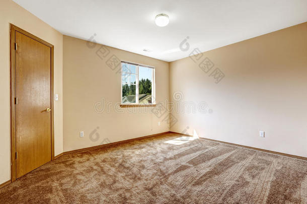 象牙色的空房间，棕色地毯地板和木门