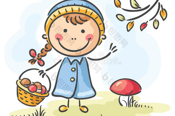 秋天在森林里采蘑菇的女孩