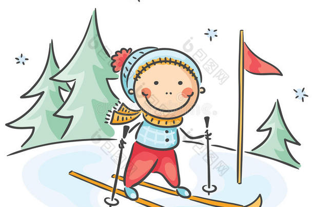 男孩冬季活动：滑雪