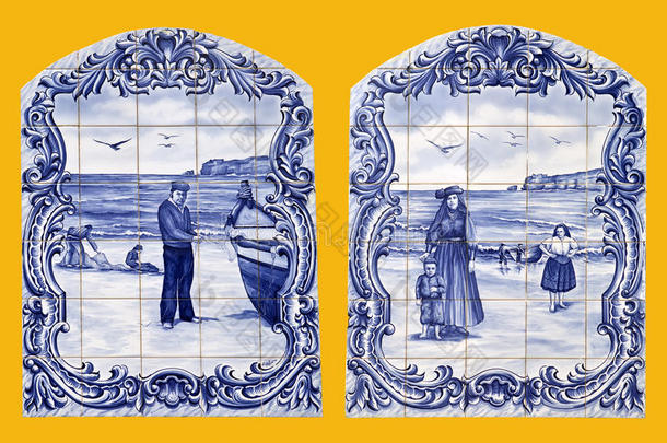 葡萄牙纳扎尔村的<strong>复古</strong>瓷<strong>砖墙</strong>面装饰描绘海洋生物。