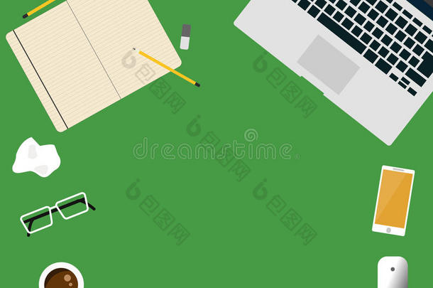 工作空间创意概念笔记本电脑矢量平面设计插图