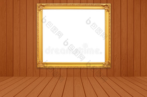 房间内的空<strong>白金色</strong>框架，<strong>白</strong>色木墙和木地板
