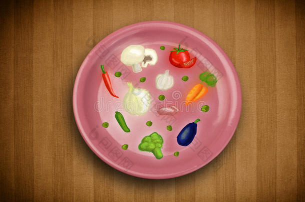 有<strong>手绘</strong>图标、符号、蔬菜<strong>和水果</strong>的彩色盘子