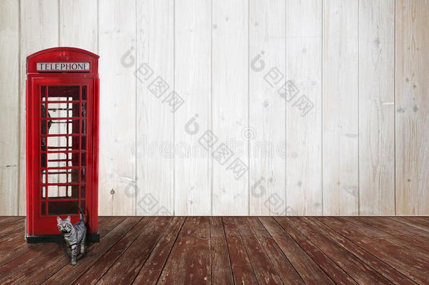 木质背景，带英国电话亭、花斑猫和水疗中心