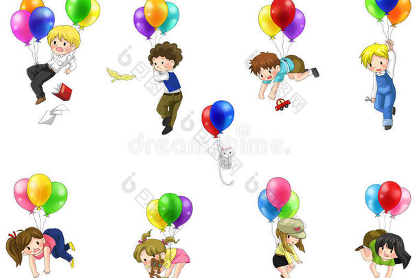 可爱的卡通人和带着气球的孩子在空中漂浮