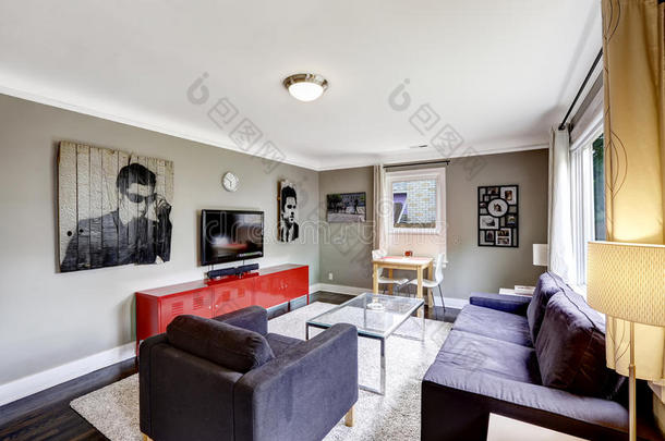 浅灰色客厅，带鲜红色橱柜和黑色家具