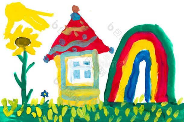 在草地和彩虹上的家。儿童绘画。
