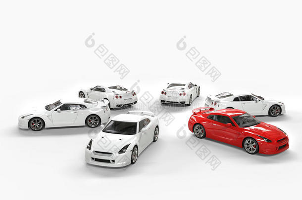 许多白色汽车中有一辆红色的汽车