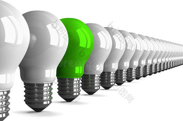 绿色钨灯泡和许多白色灯泡，透视视图