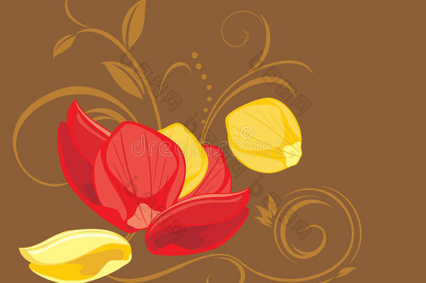 红色和黄色的玫瑰花瓣装饰背景