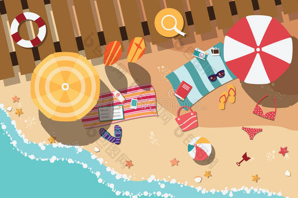 夏季海滩采用平面设计，海边和沙滩用品