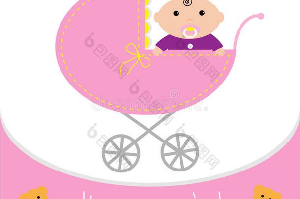 婴儿粉色马车。是个女孩。平面设计风格。