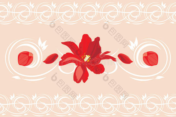 红色花朵和花瓣的无缝装饰边缘
