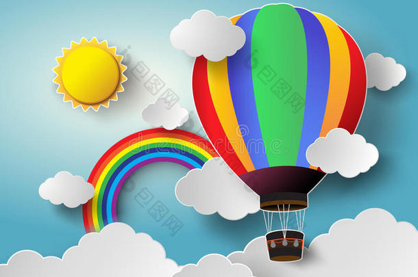 矢量图解太阳光在云中与热气球。