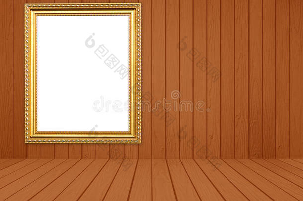 房间内的空<strong>白金</strong>色框架，白色木墙和木地板