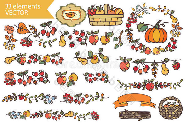 秋天收获。涂鸦水果、浆果、装饰套装