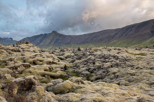 冰岛永无止境的熔岩场，群山环抱