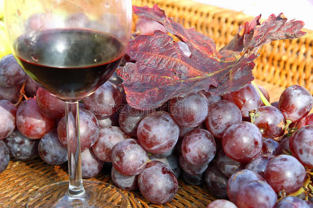 一杯红酒配上几串成熟的葡萄