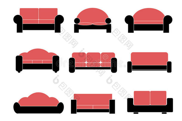 现代豪华沙发和沙发家具图标集客厅插图