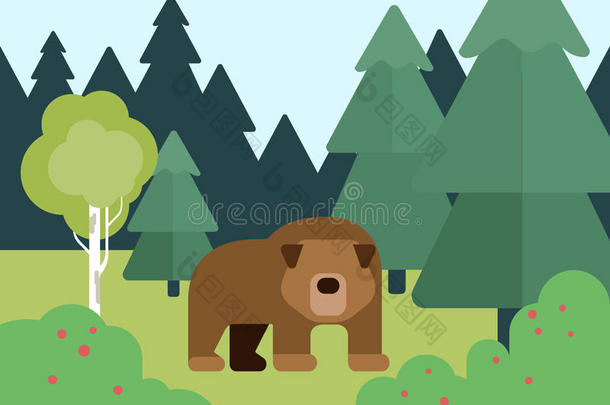 平面设计卡通载体森林里的野生动物熊