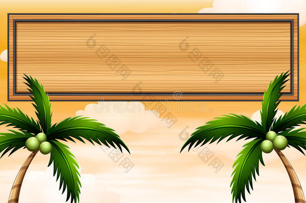 一块空的有椰子树的木制招牌