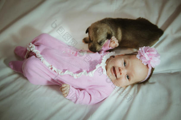 可爱的小女孩穿着粉色西装和小狗