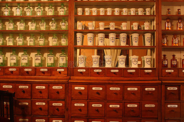 老药店，药房，瓶子和瓶子。