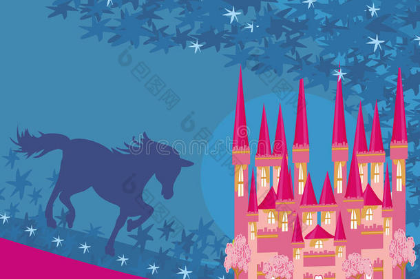 粉色城堡和独角兽的抽象形象