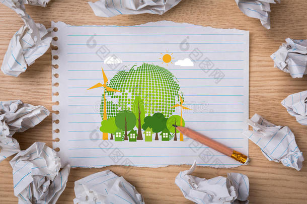 用铅笔在笔记本纸上画<strong>环保地球</strong>