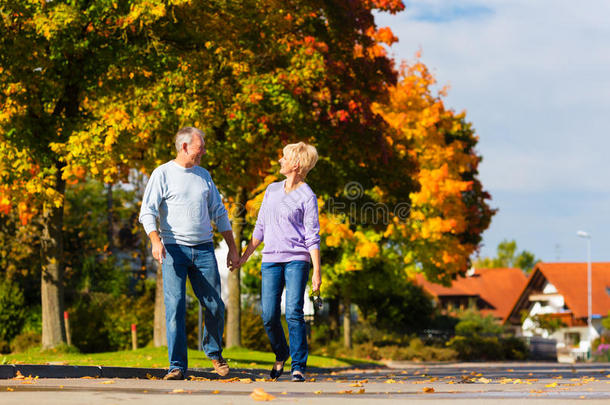 老年人在秋天或秋天手牵手散步