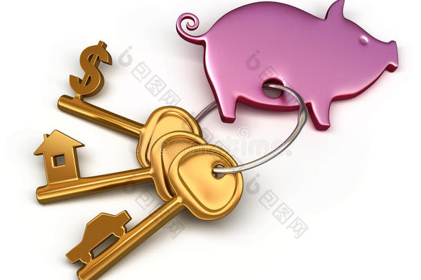 储蓄罐-钥匙链和不同的钥匙。房子，车子和钱的钥匙。概念金融图解