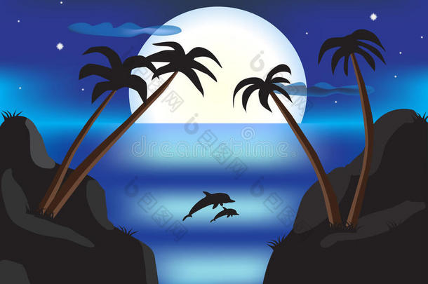 夜景有大海，棕榈树，海豚和满月