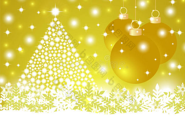 圣诞金色背景，有闪亮的圣诞树和圣诞球