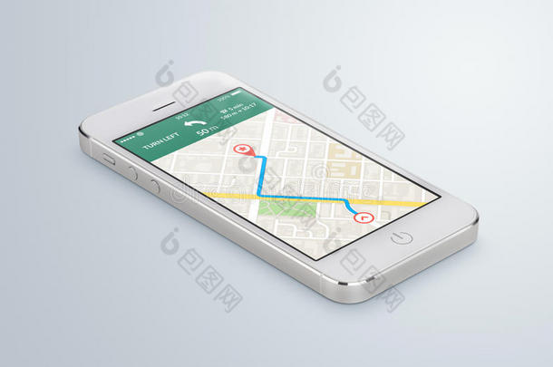 带有地图gps导航应用程序的白色移动智能手机位于