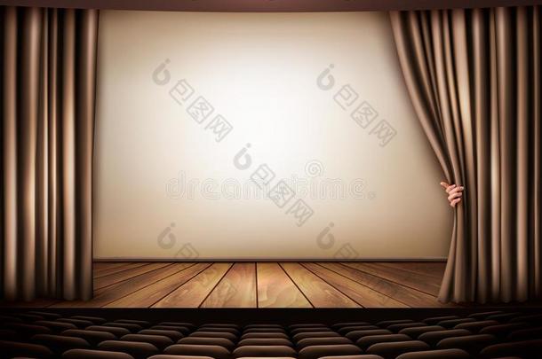 有白色<strong>屏</strong>幕、幕布和座位的电影院。