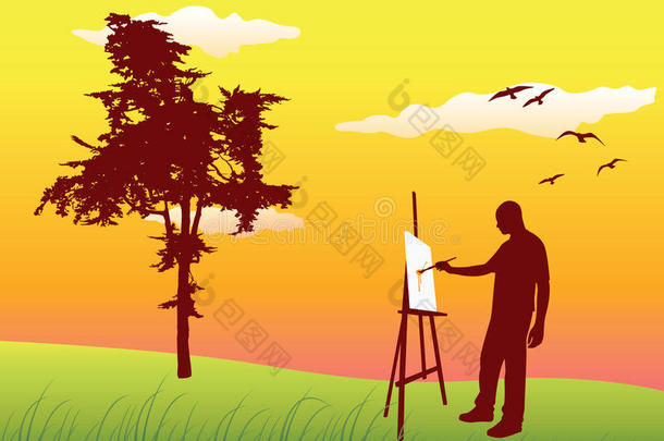<strong>男人</strong>在树旁的<strong>夏季</strong>草坪上撒沙，在画架上画画