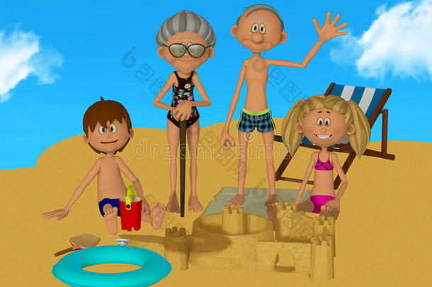 沙滩上带着孩子的3d卡通爷爷奶奶