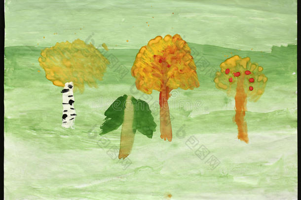 秋林。儿童绘画。