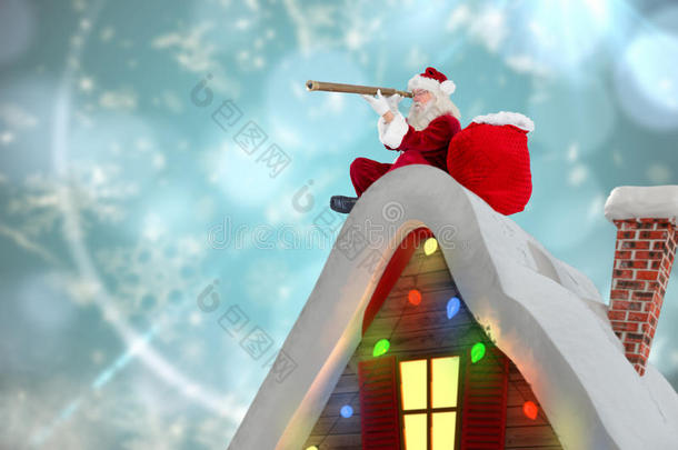 圣诞老人坐在小屋屋顶的合成图像